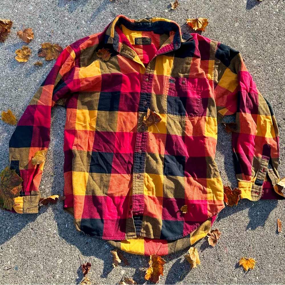 Vintage 90s Eddie Bauer cotton plaid red orange yellow beautiful fall flannel